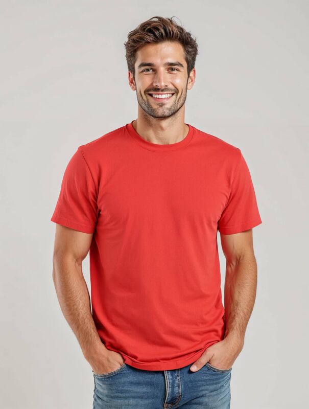 Unisex/men’s red blank t-shirt mockup for custom school club t-shirts, ideal for student teams, advisors, and spirit wear.