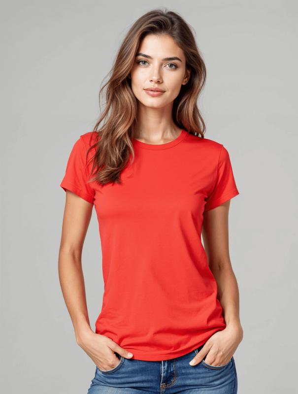 Women’s red blank t-shirt mockup for custom school club t-shirts, great for student leaders, club events, and spirit wear.