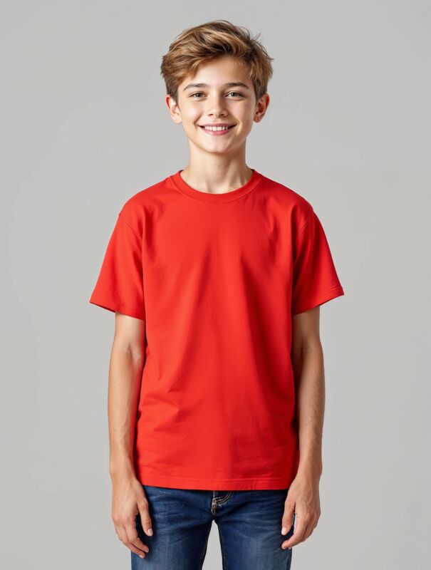 Youth red blank t-shirt mockup for custom school club t-shirts, perfect for school clubs, teams, and group activities.