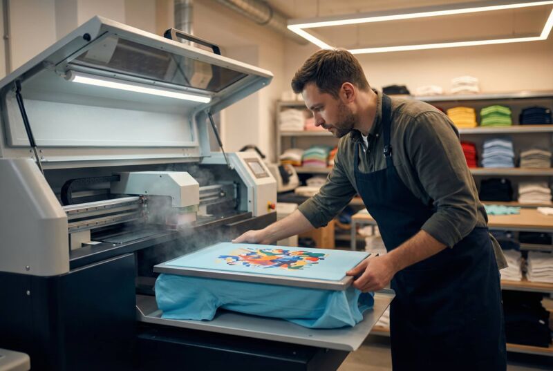 DTG printer creating custom birthday t-shirts with photo-quality detail, smooth gradients, and soft feel for small runs.