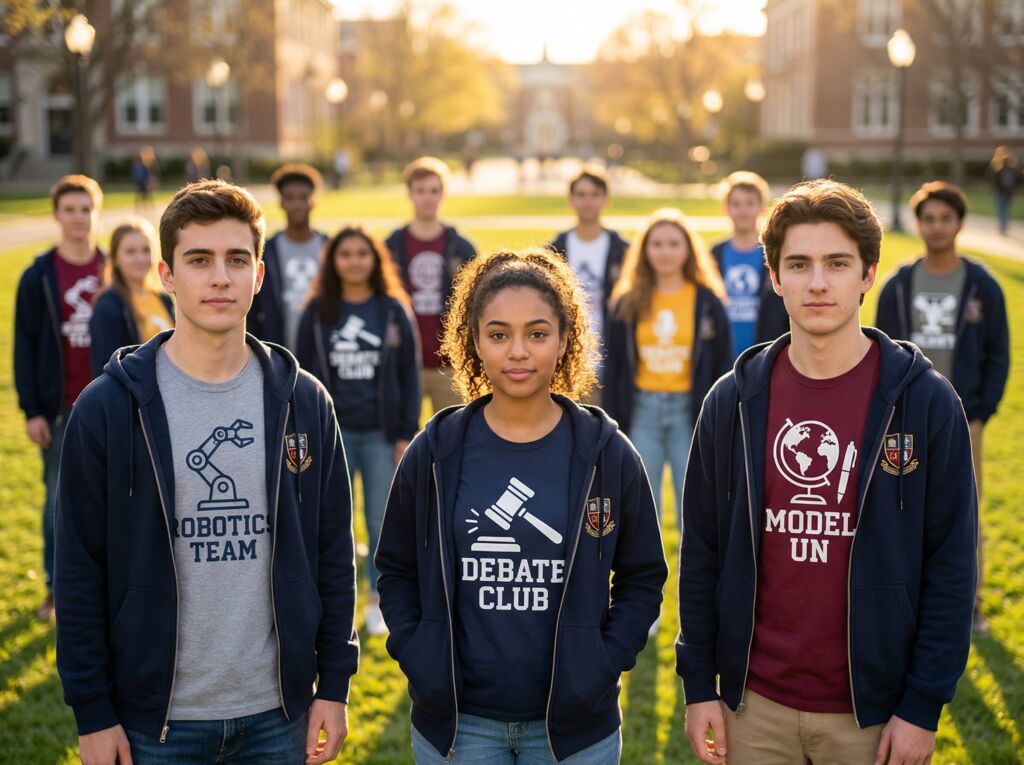 Students wearing custom school club t-shirts and hoodies for robotics, debate, and model UN team spirit.