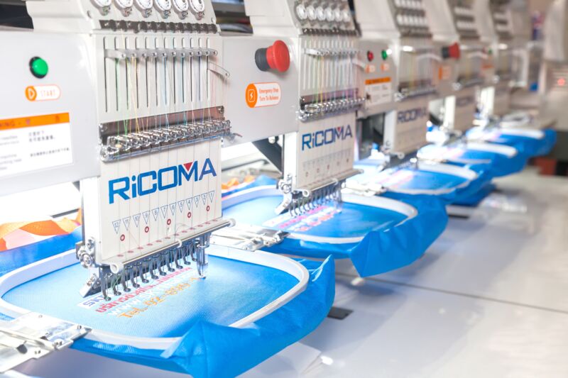 Embroidery stitching logos on polos and custom t-shirts at CustomTees for clean, durable branded uniforms